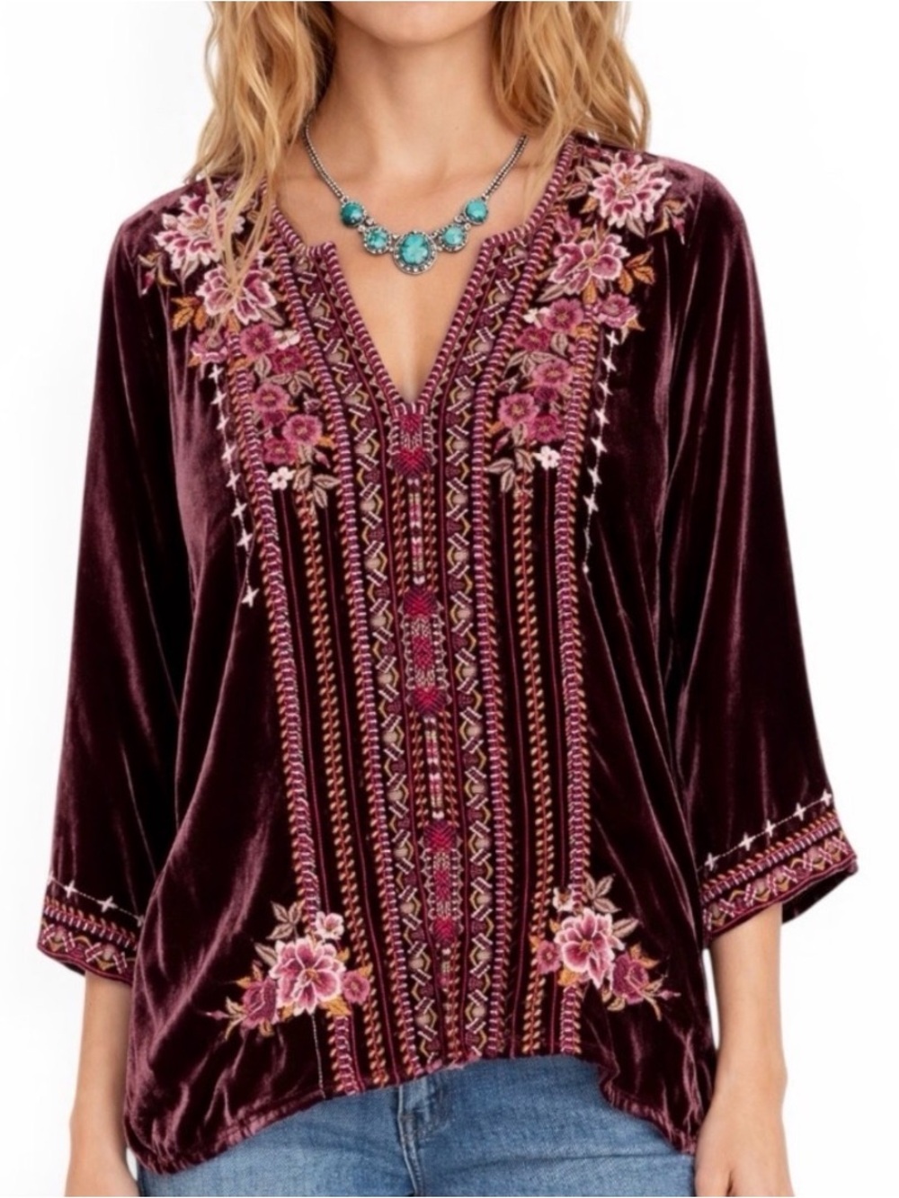 Johnny Was Burgundy Velvet Floral Embroidered Tunic Top Rayon Silk Blend S